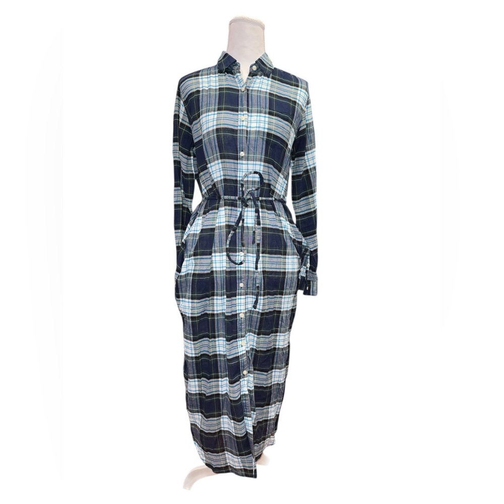 Trovata Birds of Paradise Plaid Shirt Dress XS Blue Green Button Front Tie Waist